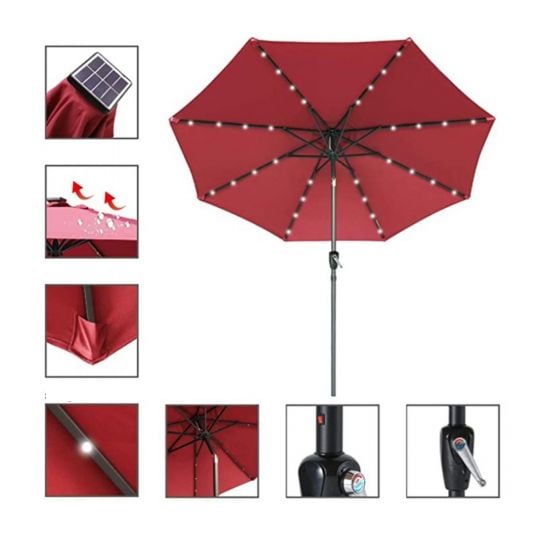 Umbrella with LED Lights and Tilting - 8 Aluminum Branches - 9' DIA