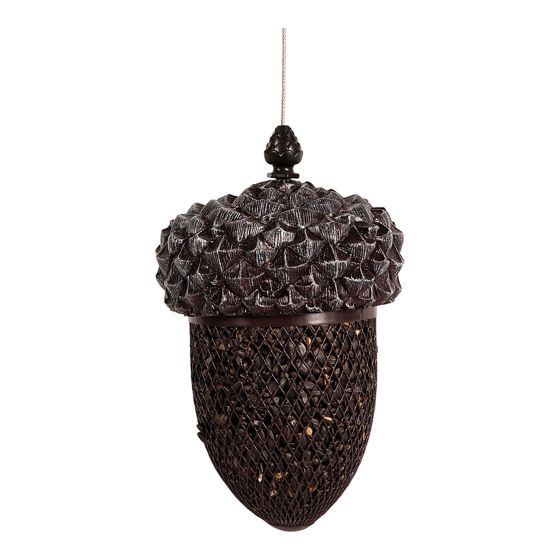 Ceramic, resin and metal acorn shaped bird feeder