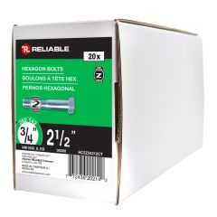 Hex Head Bolts - 3/4" x 2-1/2" - Grade 2 -  Zinc-Plated - 20/Pkg