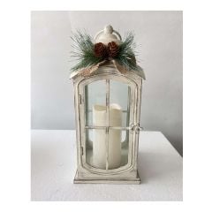 LIghted Lantern with Pinecones - White