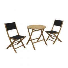 Folding Bistro Set - Acacia Wood and Polyester - Black- 3 Pieces