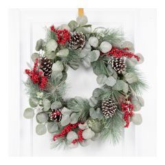 Frosted Wreath with Cherries, Baubles, and Bow Decorations - 24"
