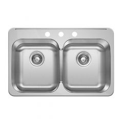 Double Bowls 3 Hole Flush Mount Sink - Stainless Steel - 31 1/2" x 20 5/8" With Sink Strainer