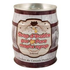 Keg shaped maple syrup can