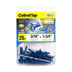 Vis à béton tête plate 3/16" (+ foret + embout cruxiforme et carré) (25), 1 3/4", 25/pqt