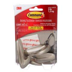 Command Medium Decorative Hooks - Brushed Nickel - Pack of 3