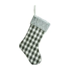 Fabric Christmas Stocking with Grey Border and Tartan Design - Grey/Green - 51 cm