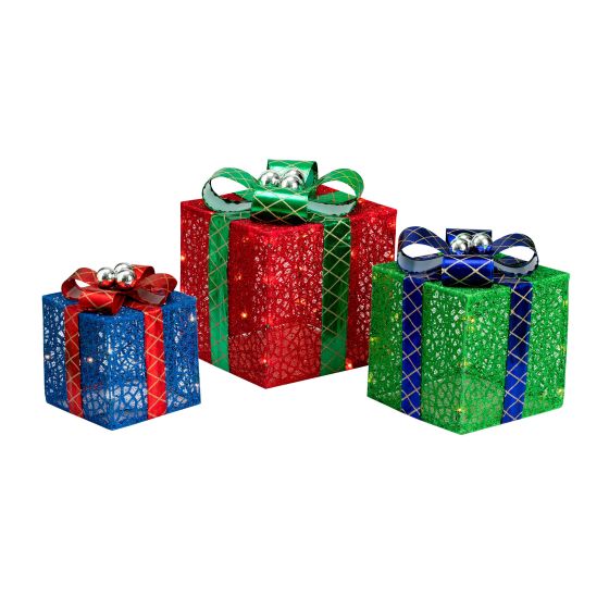 Set Of 3 Prelit Giftboxes