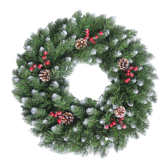 Decorative Wreath - 140 Tips - 24’’ - Green with Frost and Pinecones
