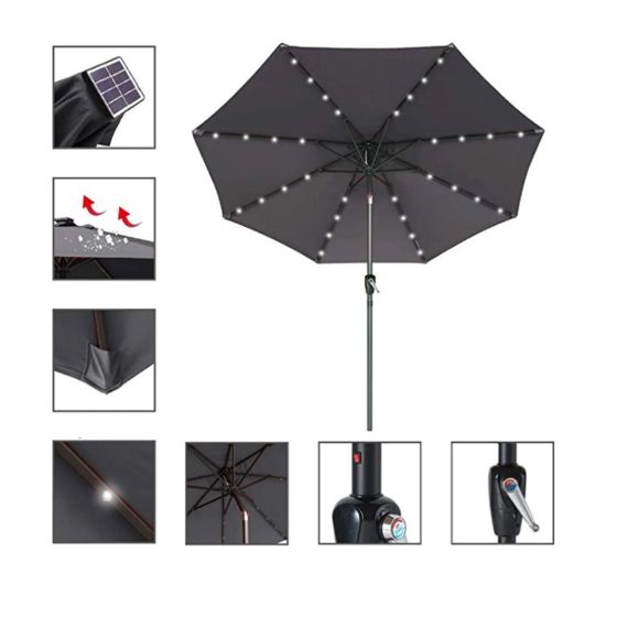 Parasol avec lumières DEL inclinable à 8 branches, en aluminium, 9' DIA, gris