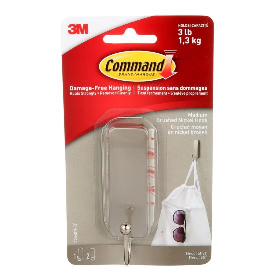 Crochet décoratif moyen Command, Nickel Brossé