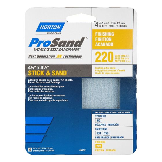 Feuille autocollante abrasive ProSand 1/4, grain 220, 4 1/2" x 4 1/2", 4/pqt