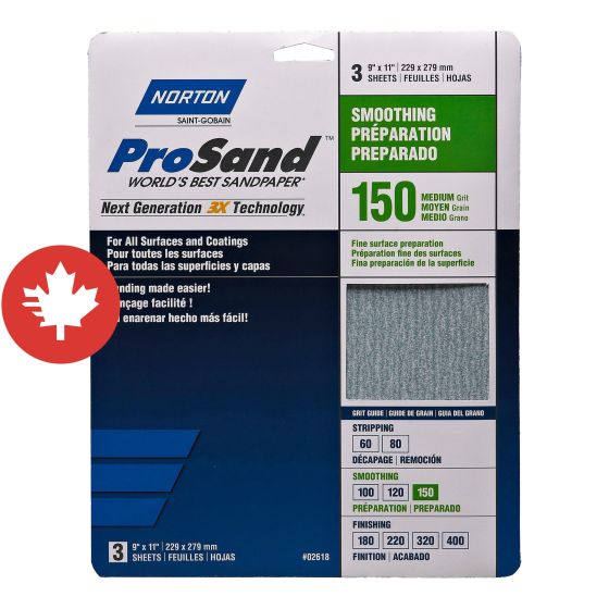 Papier de ponçage à Gr. fin Norton ProSand, 11" x 9", Gr. 150, 3/pqt