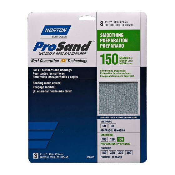 Papier de ponçage à Gr. fin Norton ProSand, 11" x 9", Gr. 150, 3/pqt