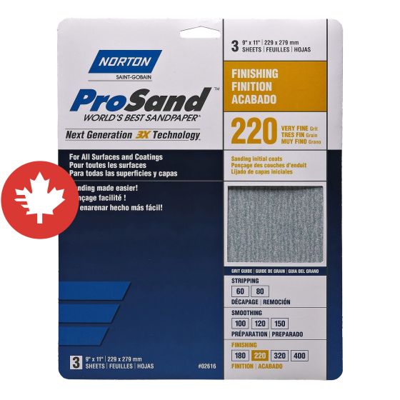 Papier de ponçage à Gr. fin Norton ProSand, 11" x 9", Gr. 220, 3/pqt