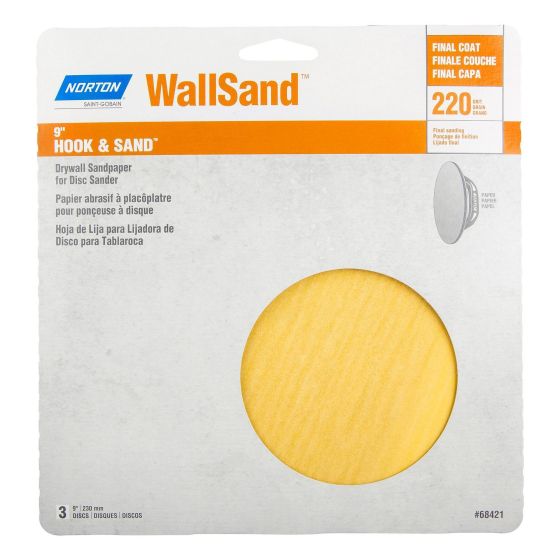 Papier abrasif à placoplâtre pour"nçeuse à disque Norton Hook & Sand, 9", Gr. 220, 3/pqt