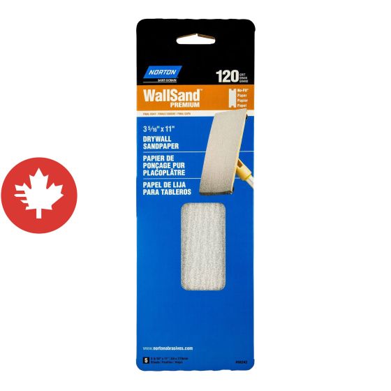 Papier de ponçage pour placoplâtre Norton Wallsand Premium, 11" x 3 5/16", Gr. 120, 5/pqt