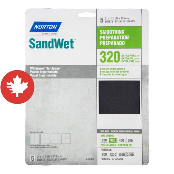 Papier imperméable Norton SandWet, 11" x 9", Gr. Ultra Fin, 5/pqt