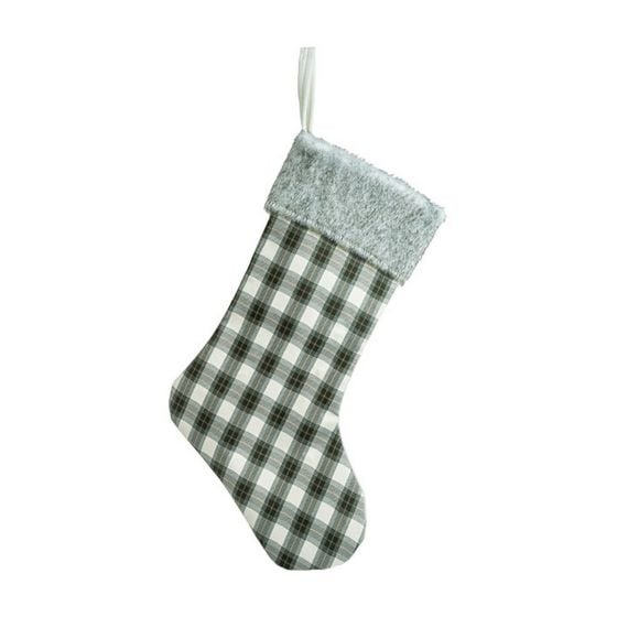 Fabric Christmas Stocking with Grey Border and Tartan Design - Grey/Green - 51 cm