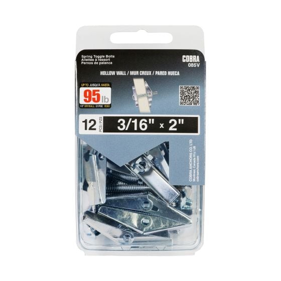 Spring Toggle Bolt Anchors, Hollow Wall, 3/16 x 2-in, 12/Pkg