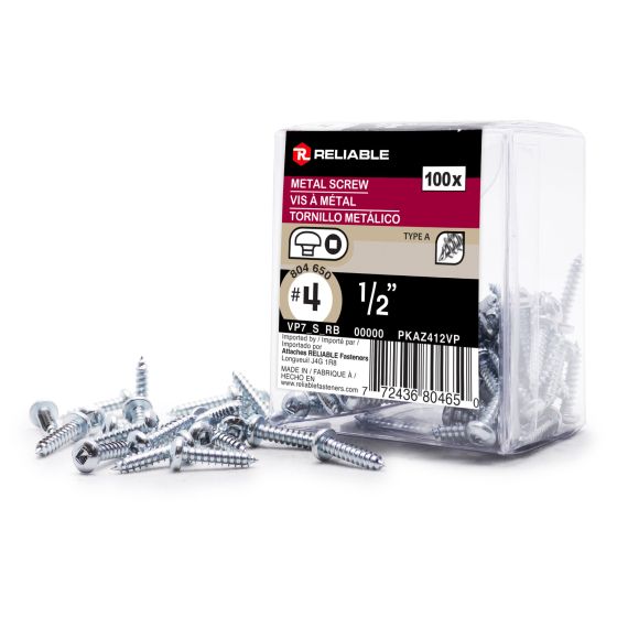 Metal Screws - Self-Tapping - Type A - #4 x 1/2" - 100/Pkg