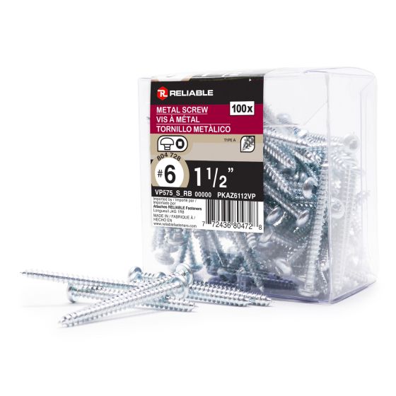 Metal Screws - Self-Tapping - Type A - #6 x 1 1/2" - 100/Pkg