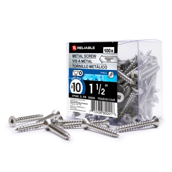 Stainless Steel Metal Screws - Self-Tapping - Type A - #10 x 1 1/2" - 100/Pkg