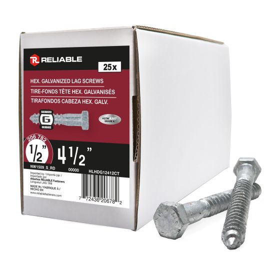 Hex Head Lag Bolts - 1/2" x 4-1/2" - Galvanized - 25/Pkg