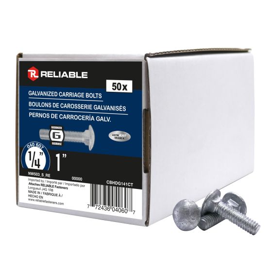 Carriage Bolts - 1/4" x 1" - Hot-Tip Galvanized - 50/Pkg
