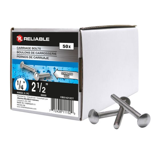 Stainless Steel Carriage Bolts - 1/4" x 2 1/2" - 50/Pkg
