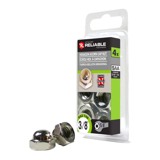Acorn Cap Nuts - 3/8" - Nickel-Plated Steel - 4/Pkg