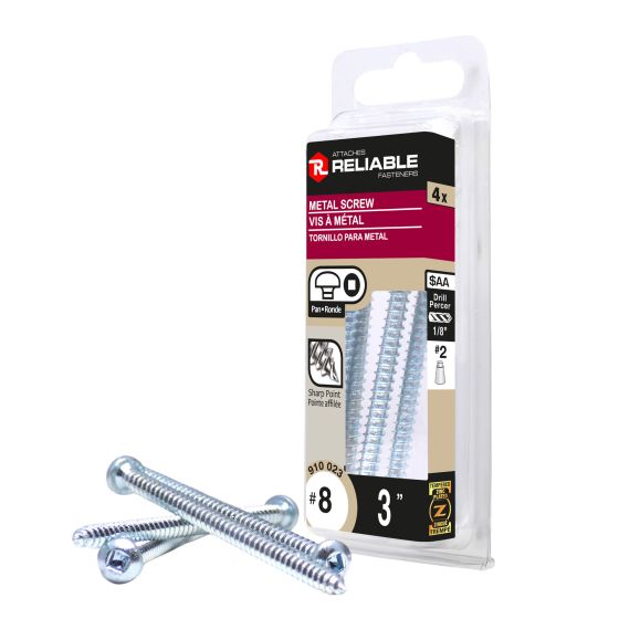 Metal Screws - #8 x 3" - Self-Tapping - Type A - Zinc-Plated - 4/Pkg