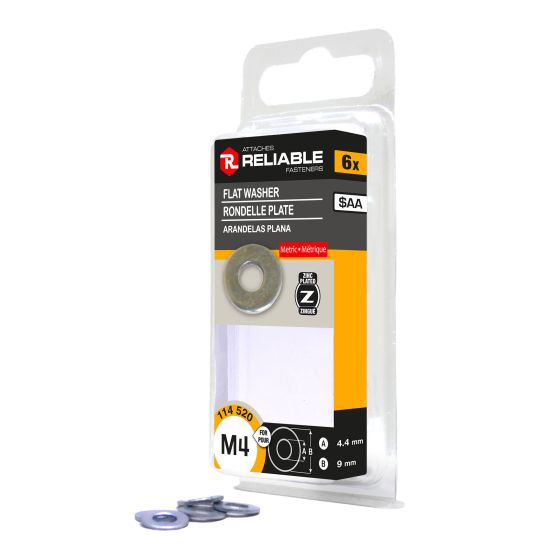 M4 Flat Washers - Zinc-Plated - 6/Pkg