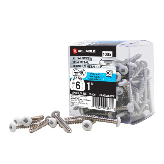 Stainless Steel Metal Screws - #6 x 1" - Type A - White - 100/Pkg