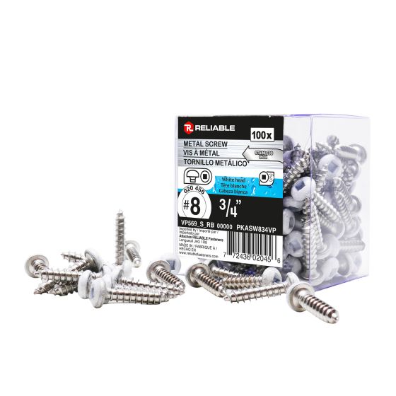 Stainless Steel Metal Screws - #8 x 3/4" - Type A - White - 100/Pkg