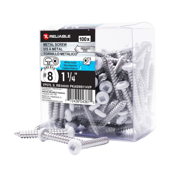 Stainless Steel Metal Screws - #8 x 1-1/4" - Type A - White - 100/Pkg