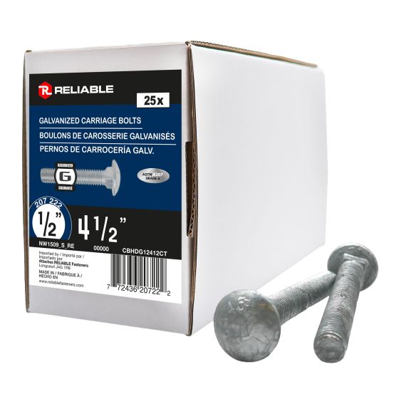 Carriage Bolts – 1/2" x 4.5" - Hot‑Dip Galvanized – 25/Pkg