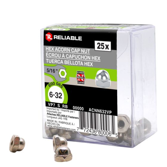 Acorn Cap Nuts - 6-32 x 5/16" - Nickel-Plated - 25/Pkg