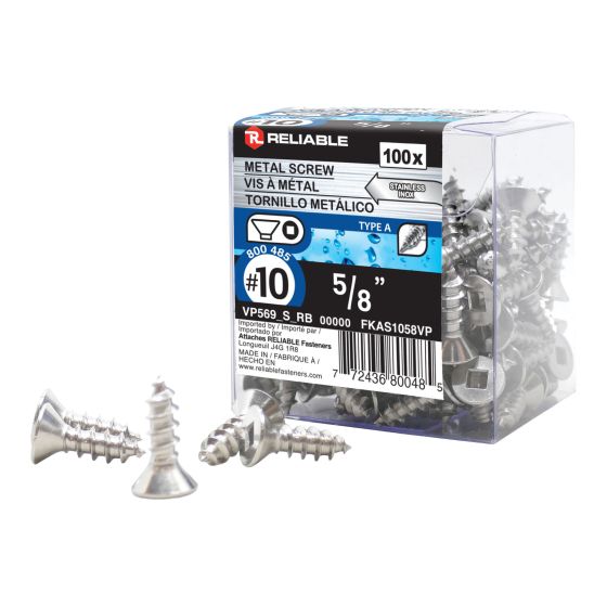Stainless Steel Metal Screws - #10 x 1/2" - Type A - 100/Pkg