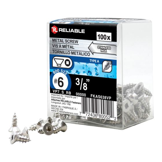 Stainless Steel Metal Screws - #6 x 3/8" - Type A - 100/Pkg