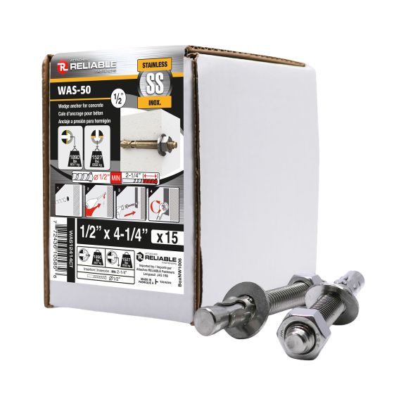 Stainless Steel Wedge Anchors - 1/2" x 4-1/4" - 15/Pkg