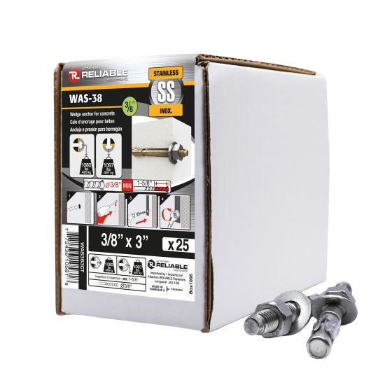 Stainless Steel Wedge Anchors - 3/8" x 3" - 25/Pkg