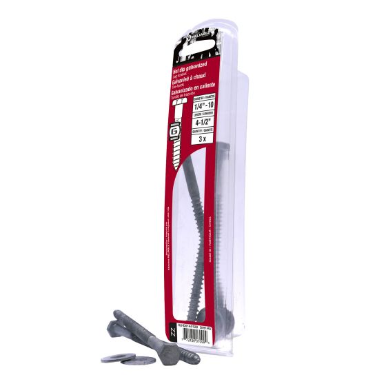 Lag Bolts with Washers - 1/4" x 4 1/2" - Zinc-Plated Steel - 3/Pkg