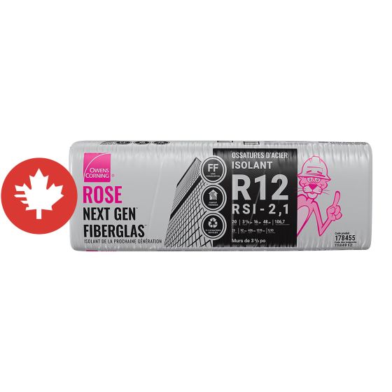 R-12 Pink Next Gen Fiberglas Insulation - Steel Stud - 16" x 48" x 3 5/8" - Covers 106.7 sq. ft
