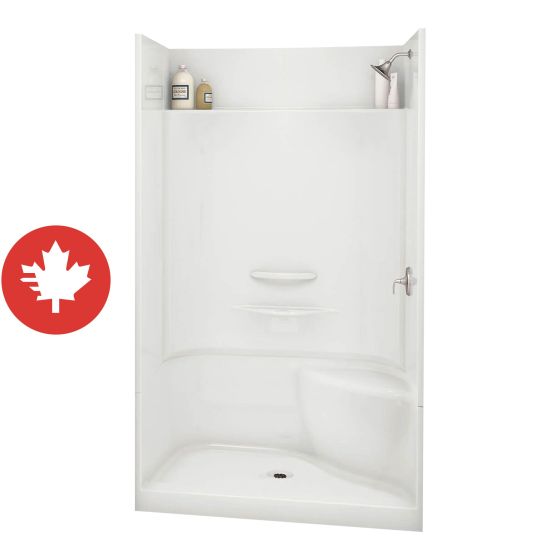 Douche Essence, 48" x 34", acrylique, drain central, siège côté droit, blanc