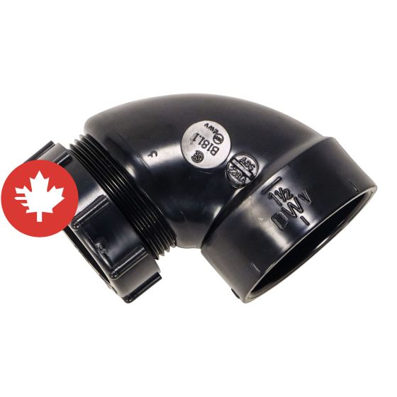 ABS DWV 90˚ Elbow with Slip Joint Nut - 1 1/2 " - Slip joint nut x Hub - Black