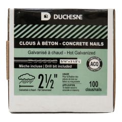Clous pour béton, galvanisés à chaud, avec mèche, 2 1/2", 100/pqt