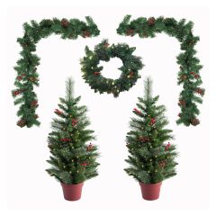 Set Of 5 Prelit Pine Porch Decoration