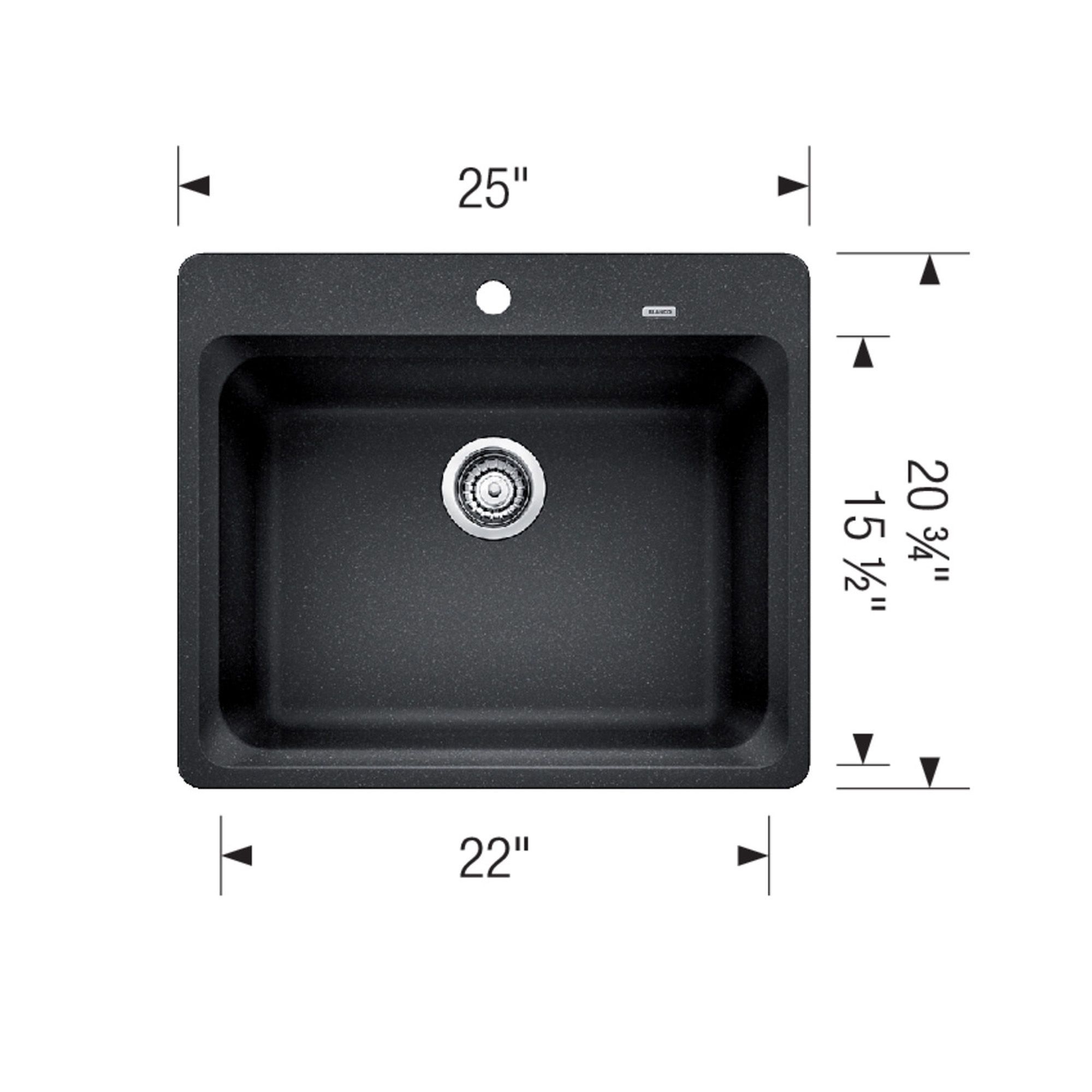 Évier de cuisine noir sur plan à cuve simple avec grille 25 x 22