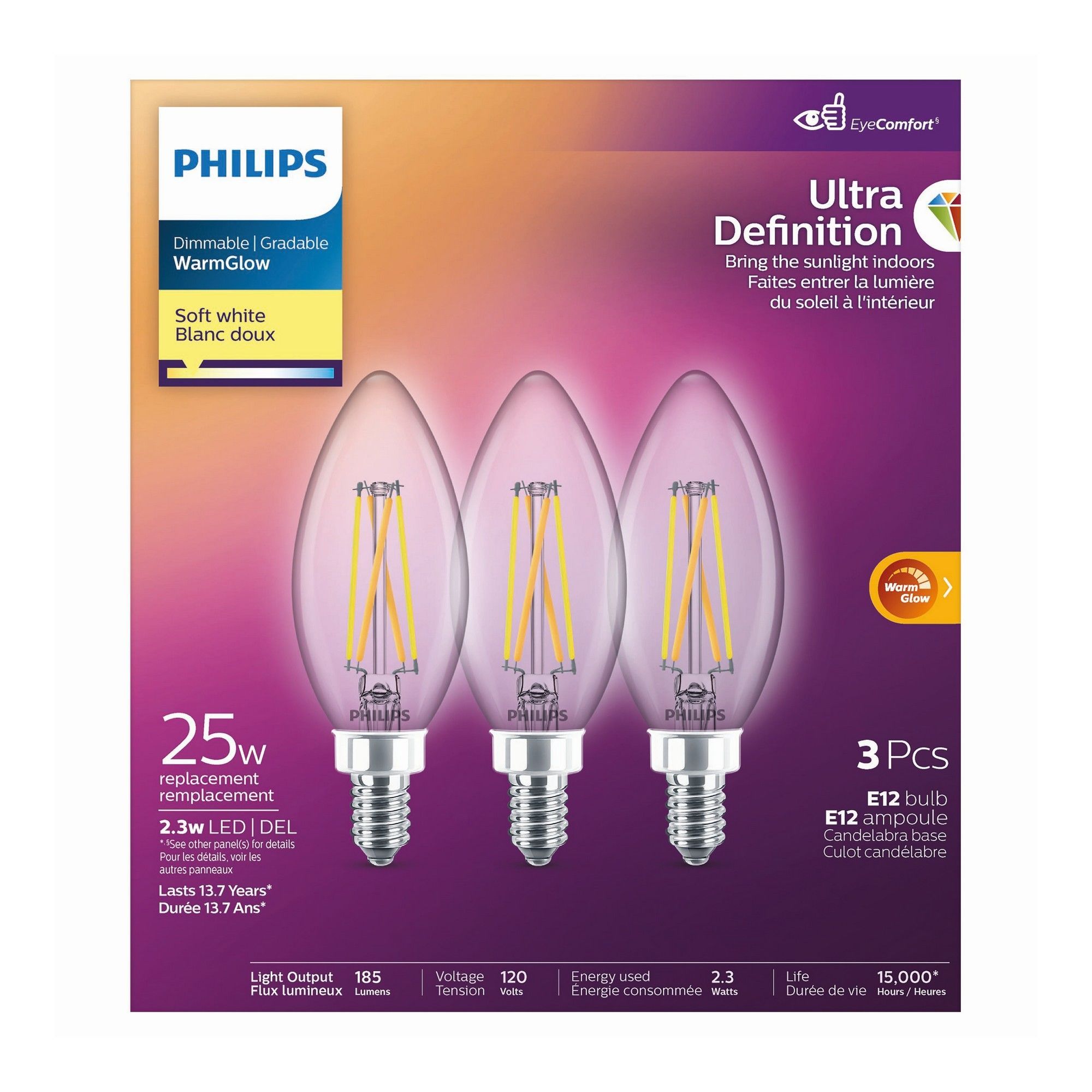 Ampoules DEL Ultra-définition B11, 25 W, blanc doux, 3/pqt de PHILIPS